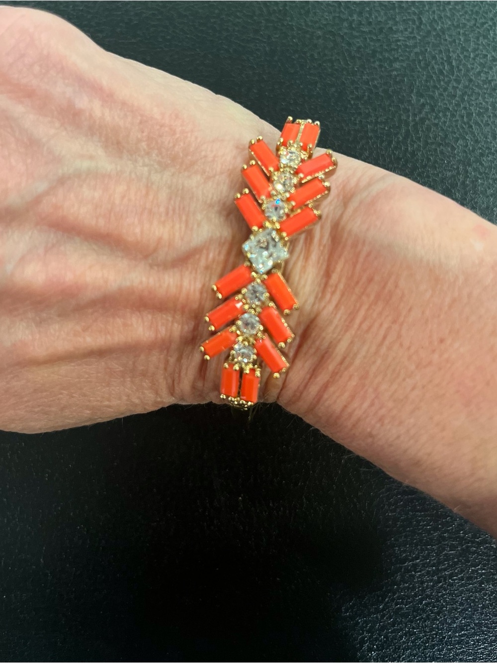 henri bendel Gold-Tone Bracelet with Bright Orange Enamel and Clear Crystals NWT